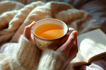 Woman holding a warm cup of tea, wrapped in a cozy sweater, with a book on her lap, creating a relaxing and comforting atmosphere