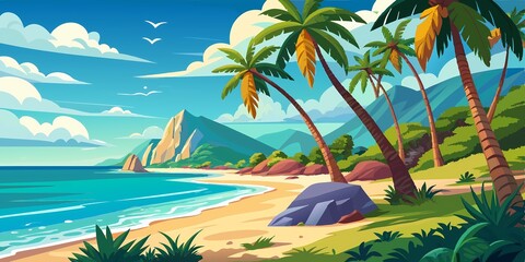 Tropical Beach with Palm Trees for Poster or Wallpaper Design