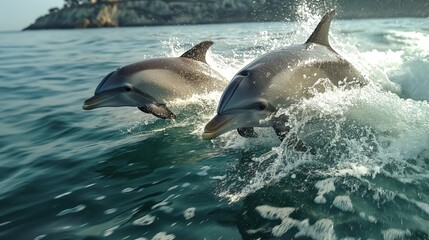 Fototapeta premium Two dolphins gracefully leap above the sea's surface, their sleek forms cutting through the spray in a display of natural agility.