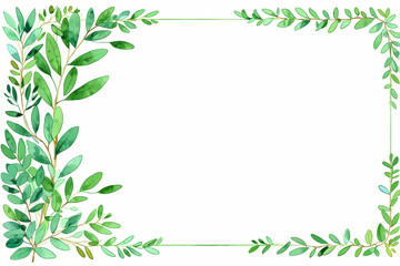 Watercolor green leaves frame. Herbal eucalyptus border. Green leaves and branches on white background. Simple minimalistic design for card, invitation, poster, save the date, wedding or greeting