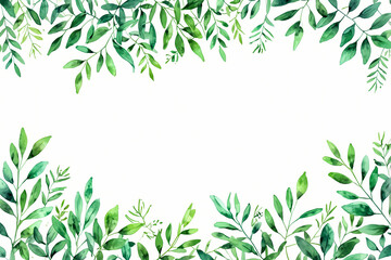 Watercolor green leaves frame. Herbal eucalyptus border. Green leaves and branches on white background. Simple minimalistic design for card, invitation, poster, save the date, wedding or greeting