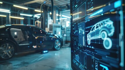 A car is being serviced in a garage with a digital display showing the car's diagnostics.