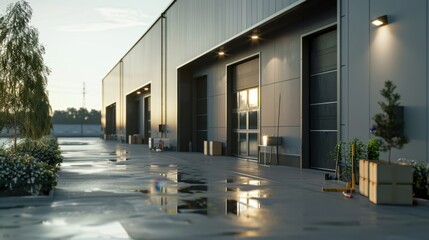 Obraz premium A modern industrial building with large garage doors, set against a clear sky at sunset. The building has a gray facade, and the doors are black. There are puddles on the concrete floor.
