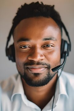 Smiling customer service rep helps clients over the phone in a busy call center, exuding confidence and friendliness