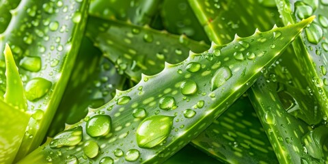 Aloe vera leaves with water drops close-up