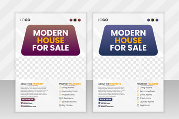 Obraz premium Real estate company flyer template design. Modern home sale poster with abstract geometric shape. Creative banner for housing or property business agency.
