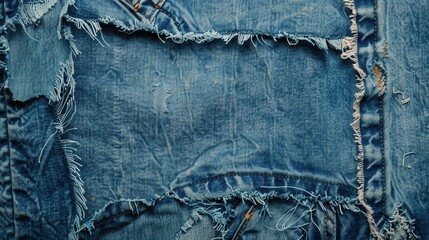 Naklejka premium Close-up shot of blue denim fabric with ripped and frayed edges.