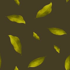 Green leaves seamless pattern, hand draw floral paper, green tea leaves, lemon leaves, dark background