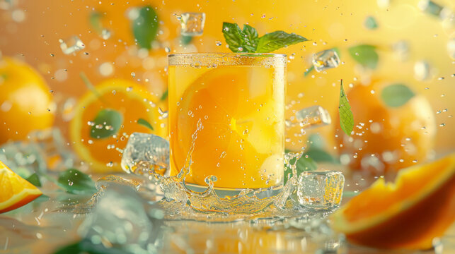 Summer drink background. Glass full of fresh cold drink with oranges, ice cubes, mint leaves. Creative composition with water splashes