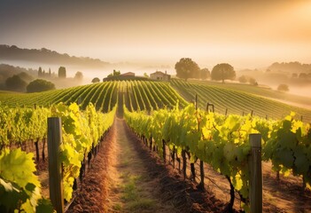 Fototapeta premium serene vineyard blanketed morning mist, peaceful, tranquil, fog, haze, grapevines, nature, landscape, countryside, rural, agriculture, beauty, scenic
