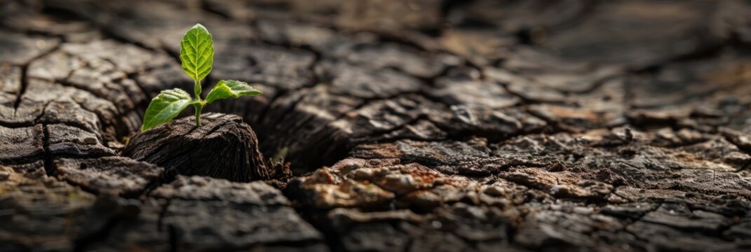 A close-up shot of a young sapling growing out of an old tree stump, symbolizing new life and resilience