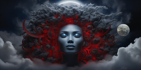 Mystical woman with red and grey hair in front of the moon, conveying a dark and mysterious atmosphere. 
