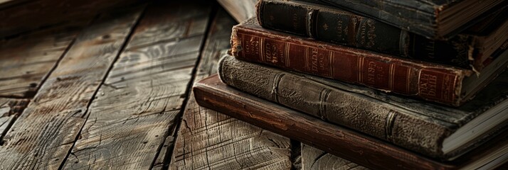 Close-up of antique books neatly stacked on rustic wooden table, showcasing spines, vintage feel