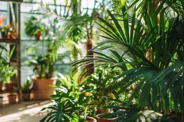 Fototapeta premium Interior with indoor plants and palm trees Urban jungle design Biophilia design Home gardening Selective focus