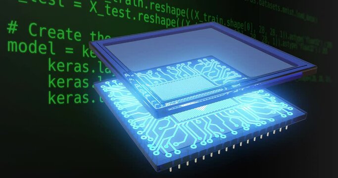 A 3D animation depicting the evolution of AI: starting with lines of code, followed by particles forming a quantum processor. The processor integrates into a brain, spreading circuits like those on a