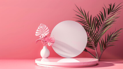 3D render, Minimal podium stand for advertising with white blank circle on blue background, Summer season decoration elements theme