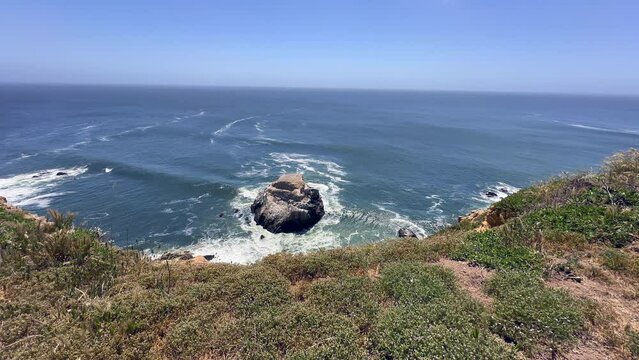 Chimney Rock Trail Head at Drakes Bay, Point Reyes State Marine Reserve, California. Clear Skies, Waves Crashing in the Ocean on a Windy Day with Vegetation Waving in the Frame. 4K