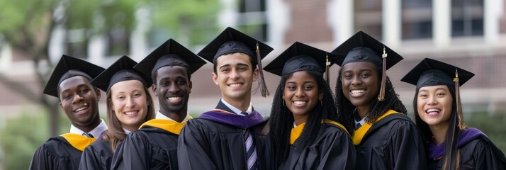 A group of diverse university graduates stand together, smiling at the camera, wearing their caps and gowns on a sunny day outside