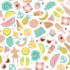 Marine seamless pattern on a white background. Cute summer icons. Tropical holidays. Summer beach. Hand drawn. Vector illustration.