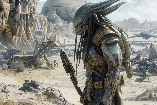 Futuristic alien warrior in advanced armor, standing in a sci-fi desert landscape with high-tech structures in the background, representing a blend of technology and extraterrestrial life.

