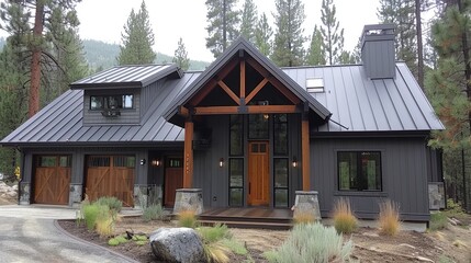 A close-up view of a gray metal roof on a house, featuring a dormer window and skylights