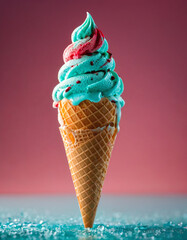 Red and blue Ice cream cone. Ice cream made from fruit.