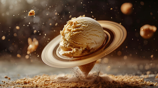 Surreal image depicting scoop of ice cream styled as Saturn, complete with its iconic rings, floating in starry space background.The concept combines elements of food and astronomy in whimsical manner
