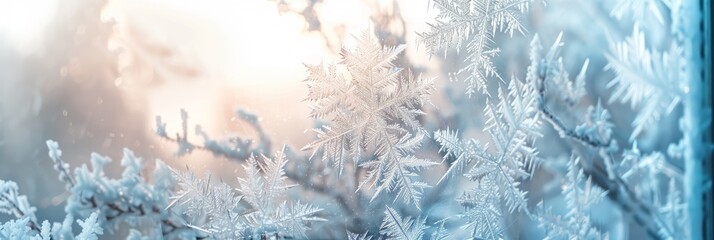 A close-up macro photograph capturing the delicate details of frost crystals forming intricate patterns on a windowpane. The image is bathed in the soft light of sunrise