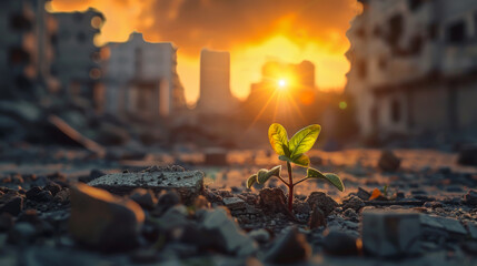 Small plant growing among ruin in war zone, seed of hope, peace and life, sunrise