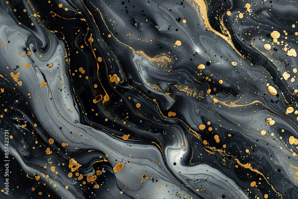 Canvas Prints a painting of a black and gold swirl with gold specks