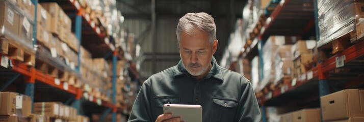 A middle-aged man in a warehouse checks inventory on a tablet computer