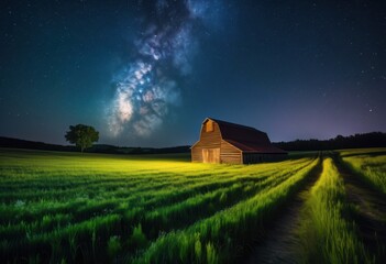 vivid starry night sky above quaint countryside barn, stars, rural, area, farm, building, structure, architecture, colorful, scenic, picturesque, tranquil