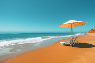 Fototapeta premium A single beach umbrella with a lounge chair on an empty sandy beach with clear blue waters