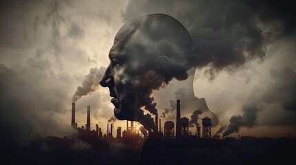 Double exposure of a man's face against an industrial landscape with smoking chimneys and power lines. Panoramic view. Man reflecting on production or ecology. Illustration for varied design.