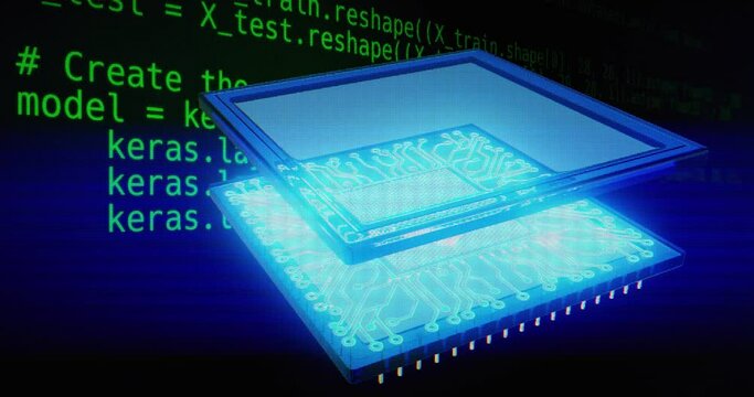A 3D animation depicting the evolution of AI: starting with lines of code, followed by particles forming a quantum processor. The processor integrates into a brain, spreading circuits like those on a