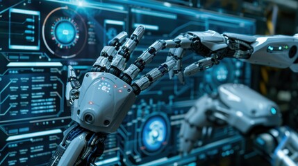 Fototapeta premium A close-up shot of a robotic hand interacting with a digital interface, showcasing advanced technology and automation.