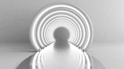 Obraz premium White background 3D room with abstract light tunnel, futuristic stage floor, neon accents, sleek modern interior, silver road leading to a black wall, minimalist design