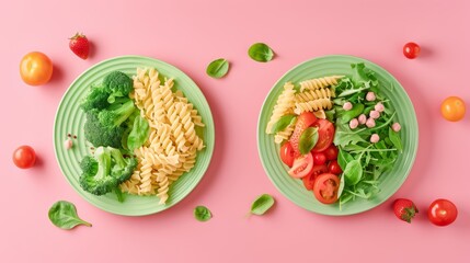 Whimsical kids meal with vibrant vegetables and pasta on green animal plates, set on a bright pink background, a delightful and healthy food arrangement