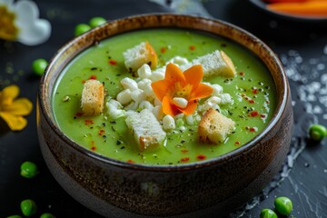 Kid friendly vegetarian pea soup with flower bread carrot and cheese decoration