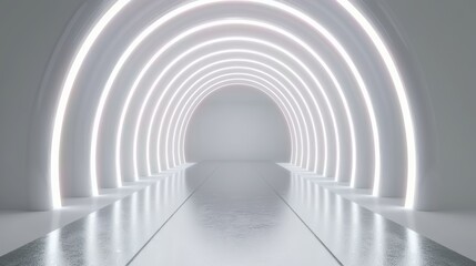 White background 3D room with abstract light tunnel, futuristic stage floor, neon accents, sleek modern interior, silver road leading to a black wall, minimalist design