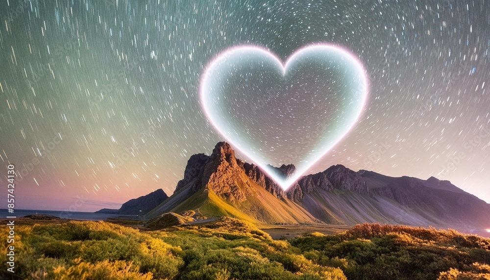 Wall mural heart shaped northern lights over tranquil mountain landscape under star filled night sky - Wall murals