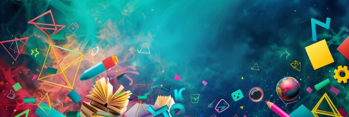 A colorful and dynamic back to school background featuring various educational symbols and icons, including books, pencils, and a globe