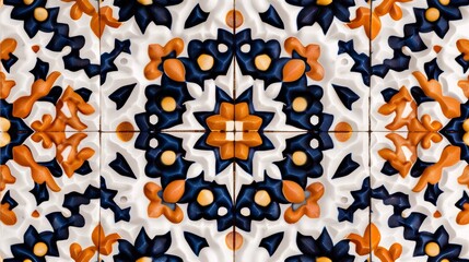 Fototapeta premium Traditional Arabic arabesque pattern in vivid orange, blue, and yellow, intricate geometric and floral elements, a tapestry of cultural heritage