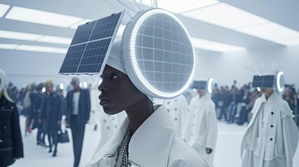 Fashionable women's look with solar battery panels built into the headgear. Future technologies for the design of modern functional suits. Illustration for advertising, marketing or presentation.