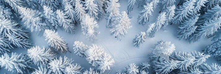 An aerial view of a snow-covered forest at twilight, showcasing the contrast between the white snow and the dark, blue-toned trees