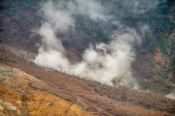 Smoke on the mountain from Hakone Ropeway Owakudani Station, Japan