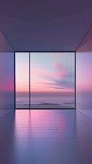 Modern minimalist interior with large window overlooking serene sunset