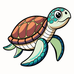 In the ocean, a smiling cartoon turtle is swimming gracefully