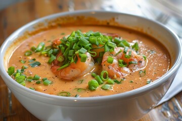 New shrimp bisque with green onions at nearby eatery