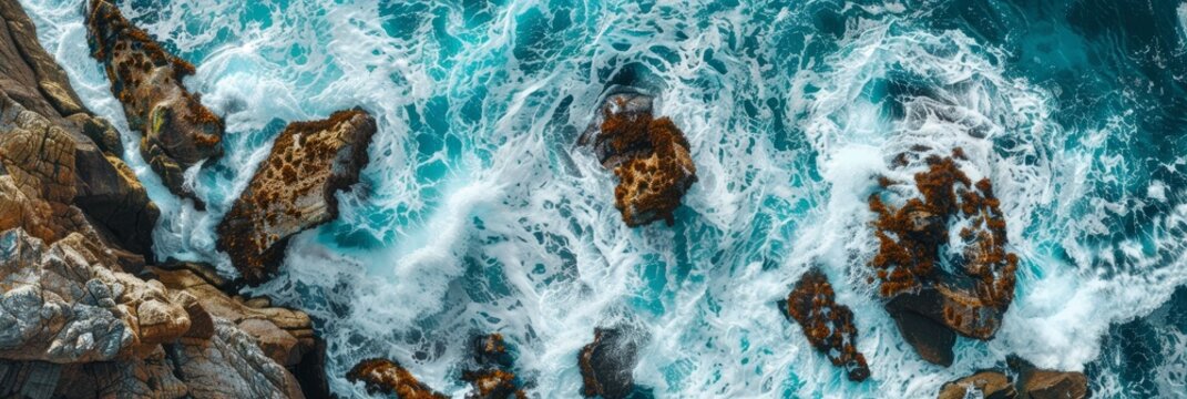A drone captures an aerial view of powerful waves crashing against a rugged coastline, creating a stunning display of natures force